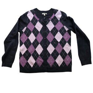Croft & Barrow Womens Cardigan Sweater Medium Argyle Pattern Crew Neck Casual
